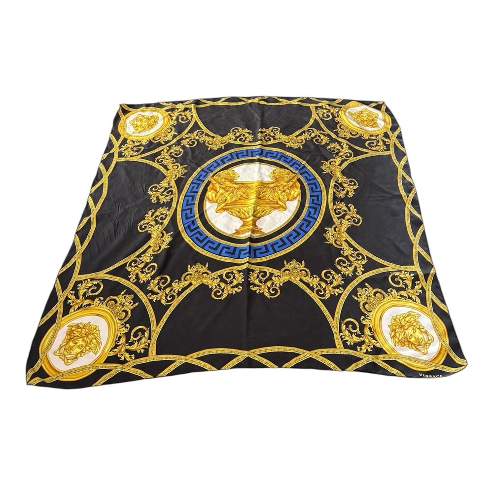 Gianni Versace Silk Printed Scarf Handkerchief Black Gold